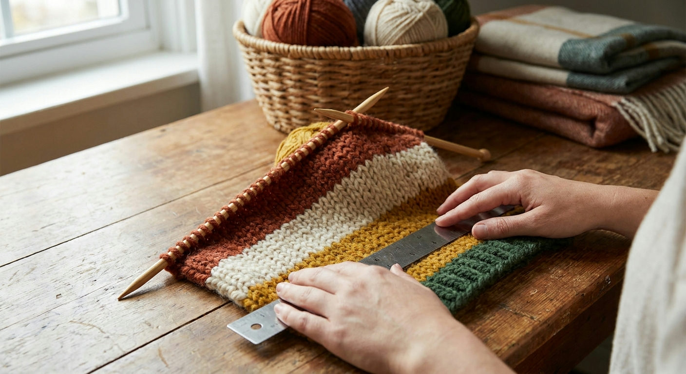 Fix knitting tension: measuring a gauge swatch with a ruler and bamboo needles on a wooden surface